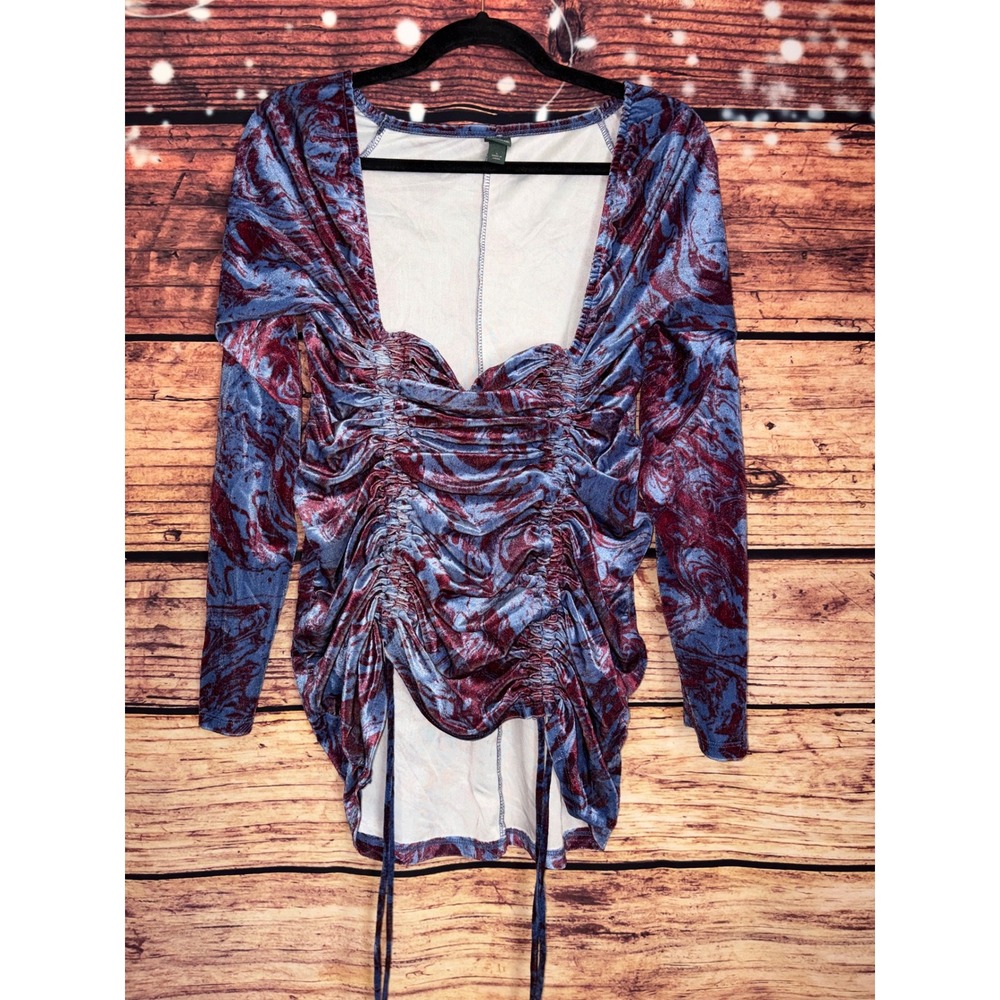 Wild Fable Women Size L Blue Burgundy Marbled Ruched Long Sleeve Top Square Neck